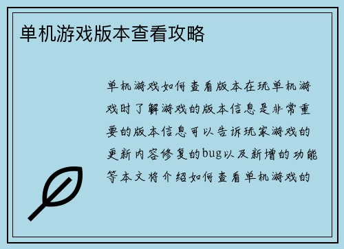 单机游戏版本查看攻略